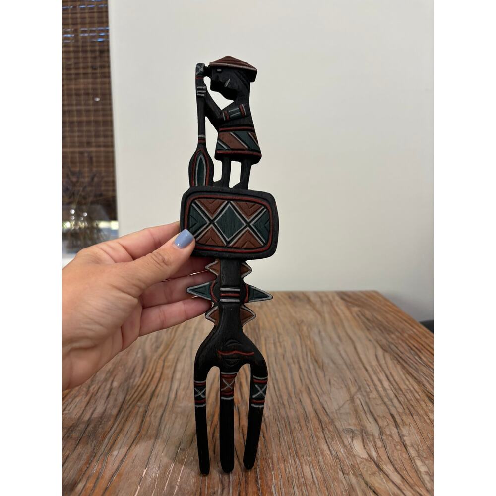 Vintage African-Inspired Carved Wood Wall Fork Figure Hand-Painted Folk Art